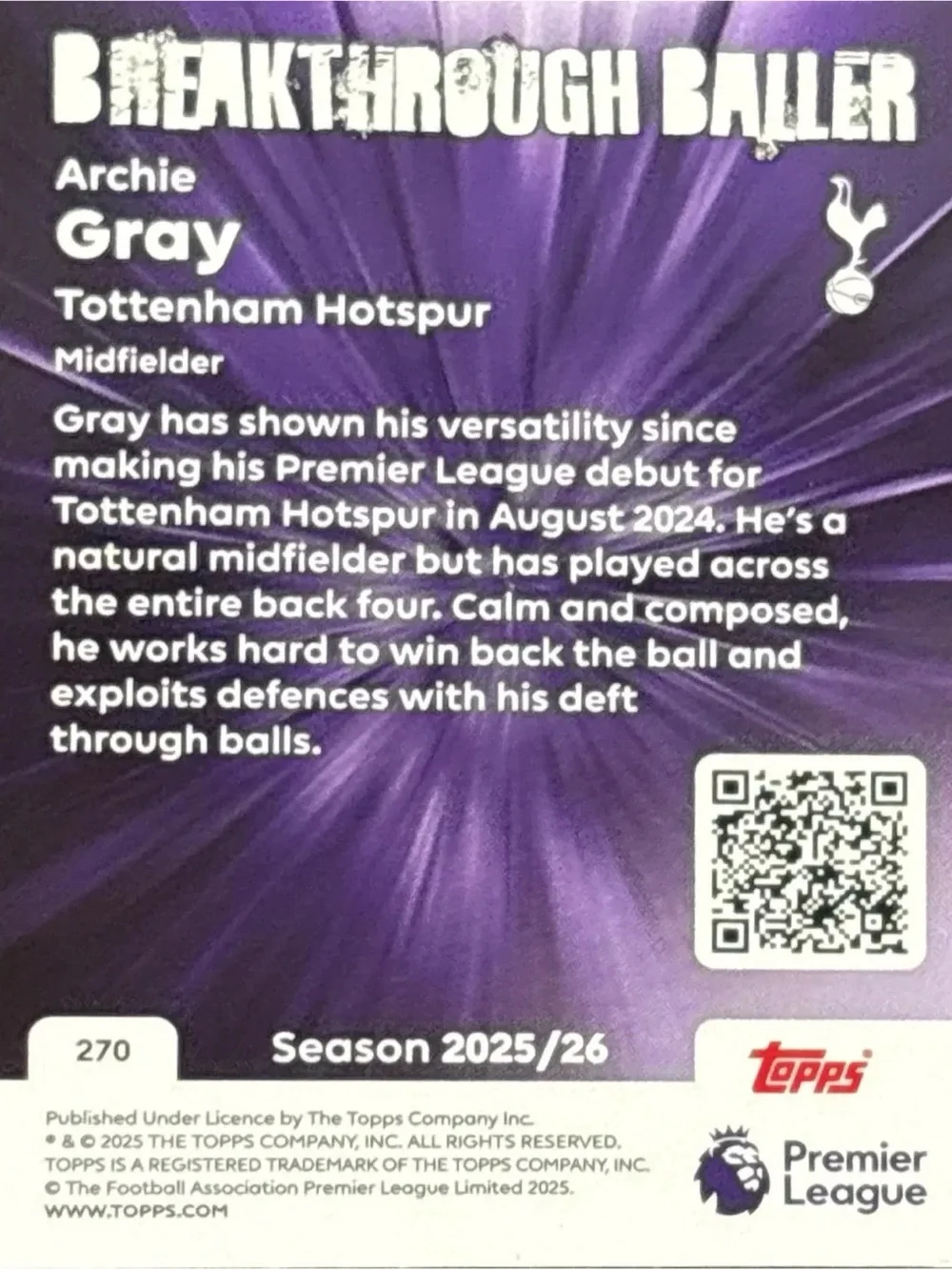 Topps Tottenham Hotspur Archie Gray Breakthrough Bailer Card
